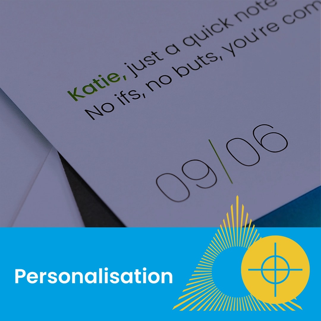 Close-up of a printed invitation with the heading "Personalisation" and a date, 09/06.