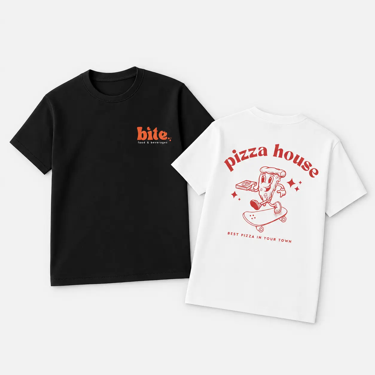 Black and white t-shirts featuring “bite food & beverages” and a skateboarding pizza character.