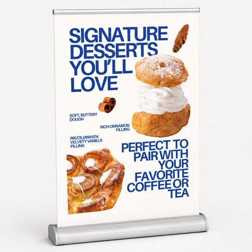 Desktop roller banner advertising desserts with cream and cinnamon, suggesting pairing with coffee or tea.