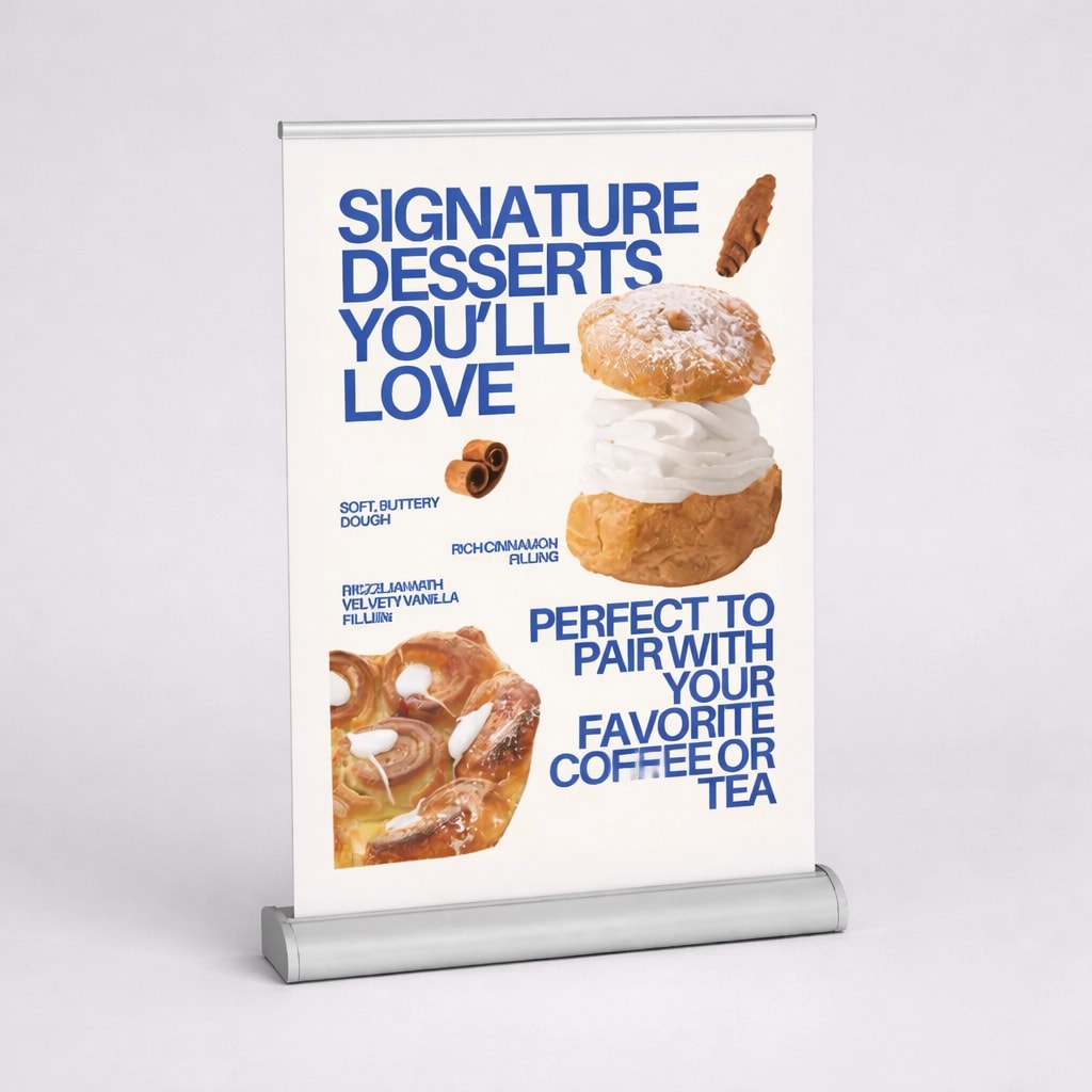 Desktop roller banner advertising desserts with cream and cinnamon, suggesting pairing with coffee or tea.