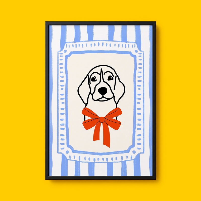 Framed drawing of a dog with a red bow, against a blue and white striped background.