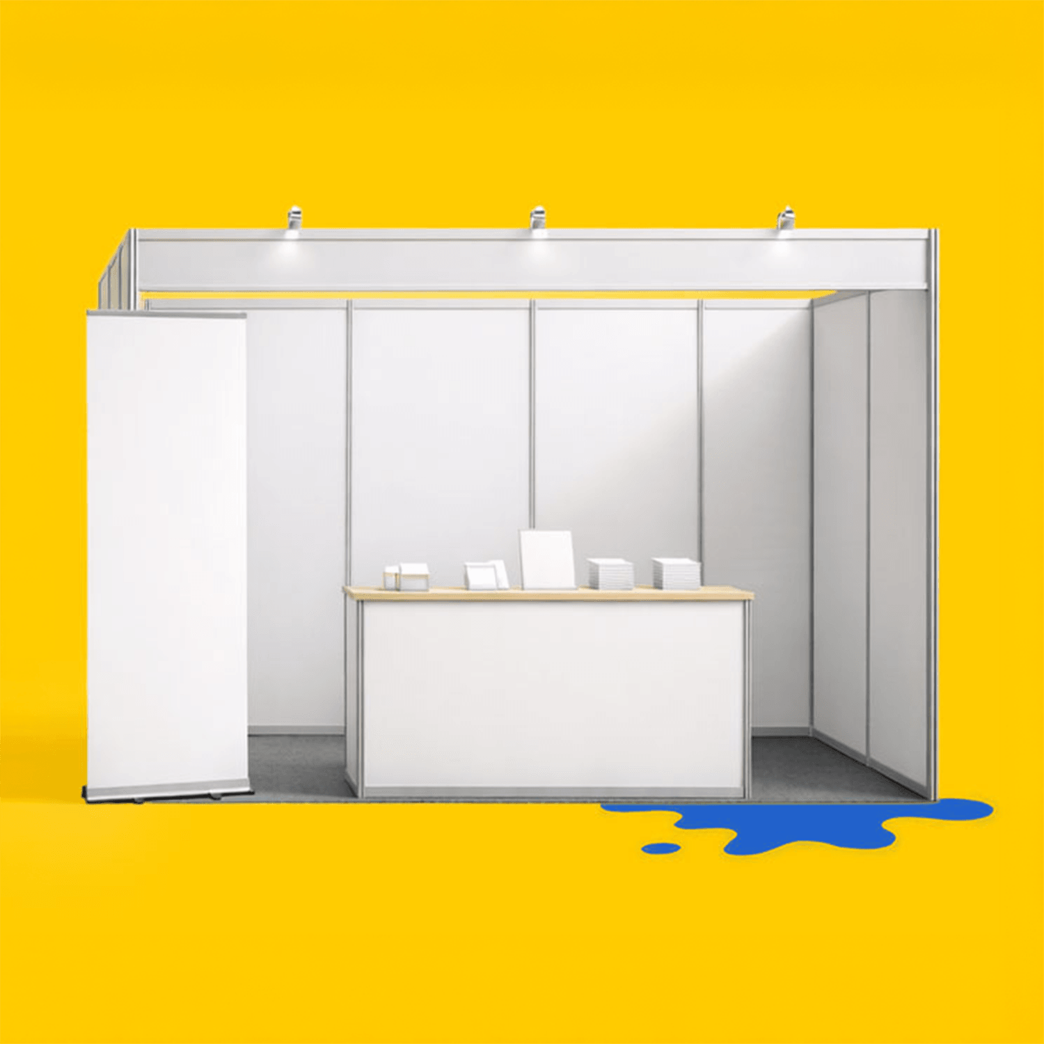 Empty white exhibition booth with a desk and blank displays on a bright yellow background.
