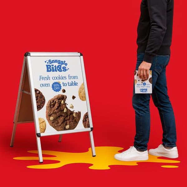 Man stands by a sign advertising “Snuggle Bites” cookies, holding a matching cookie flyer.