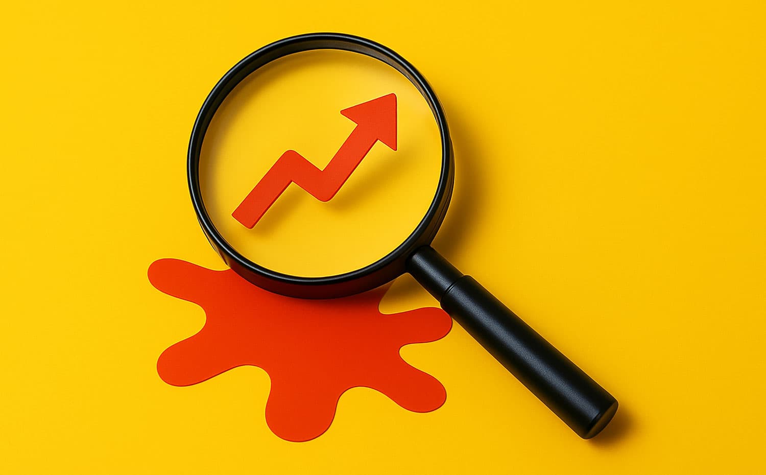 Magnifying glass over a red upward arrow on a yellow background with a red splatter shape.