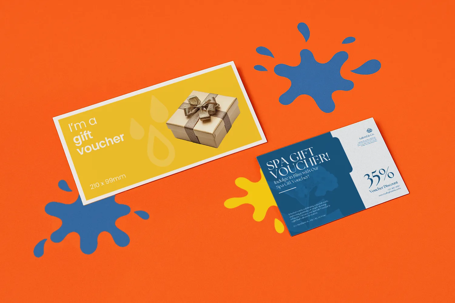 Two gift vouchers on an orange surface with blue and yellow splash shapes.