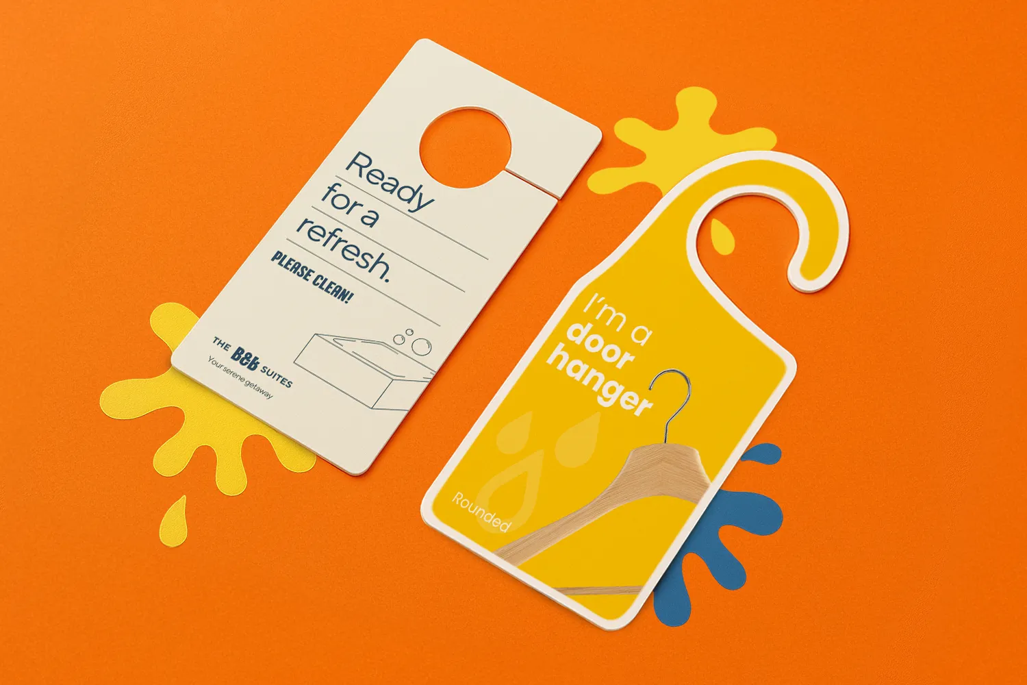 Two door hangers on an orange background, one reads "Ready for a refresh," the other, "I'm a door hanger.