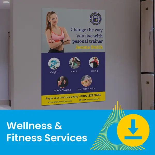 Poster for personal training services offering weights, cardio, boxing, and nutrition advice.
