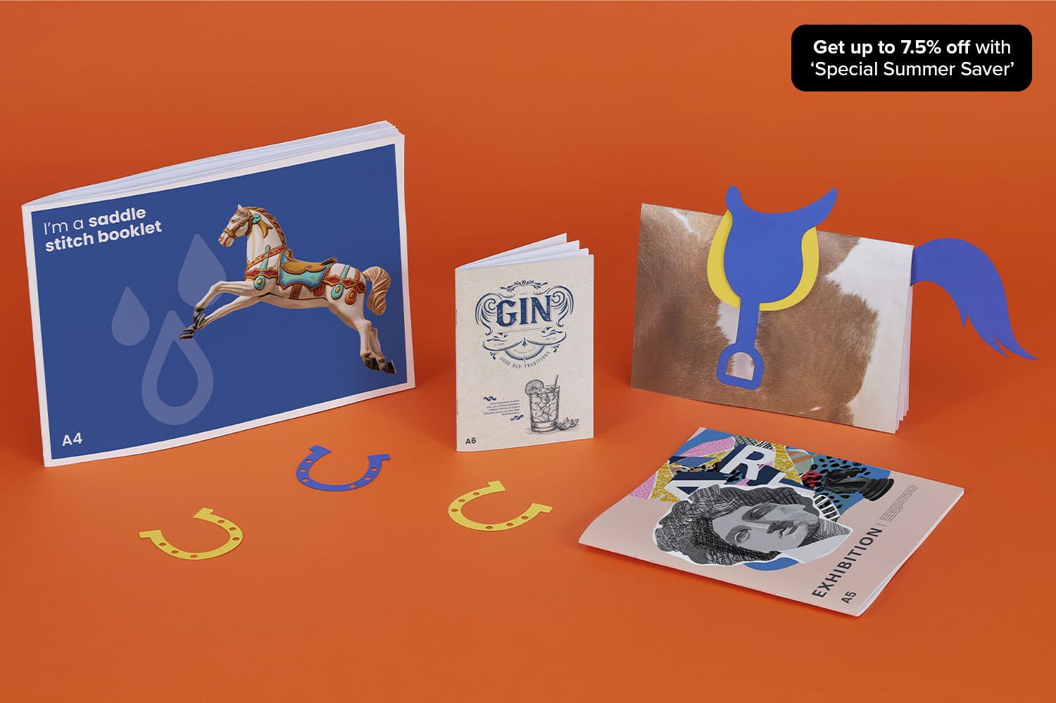 Various printed booklets and cards are displayed on an orange surface with cut-out shapes advertising up to 7.5% off as part of a Summer Savers campaign.