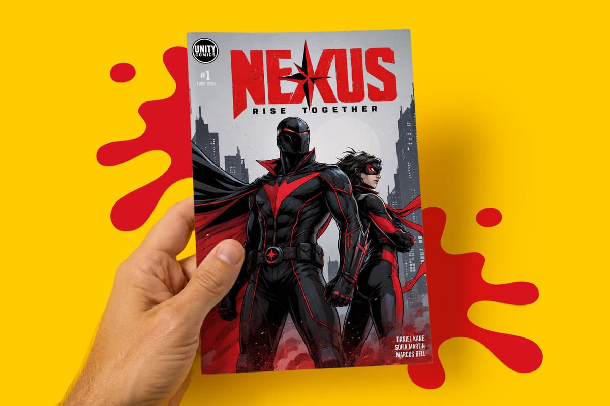 Hand holding a "Nexus: Rise Together" comic book with two masked heroes on the cover.