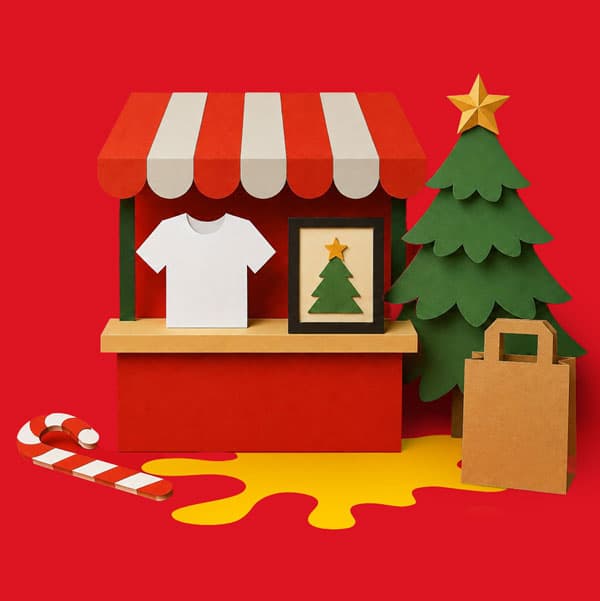 Holiday-themed market stall with t-shirt, framed tree art, tree, gift bag, and candy cane props.
