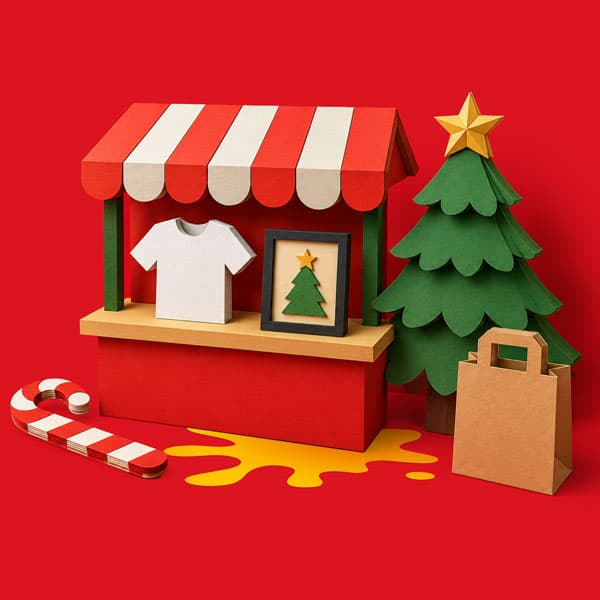 Holiday-themed market stall with t-shirt, framed tree art, tree, gift bag, and candy cane props.