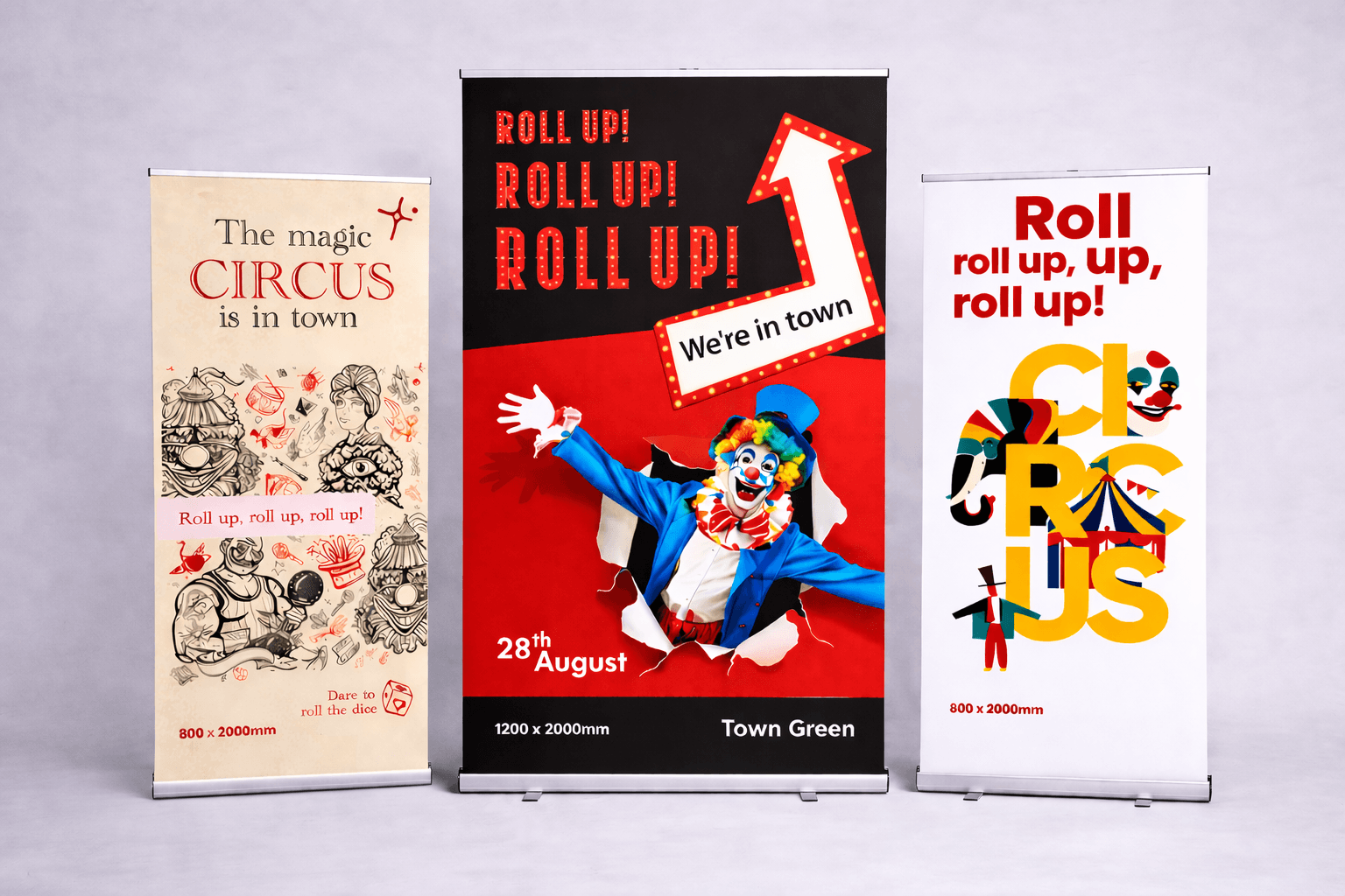 Three colourful circus event banners, one featuring a clown and bold promotional text.