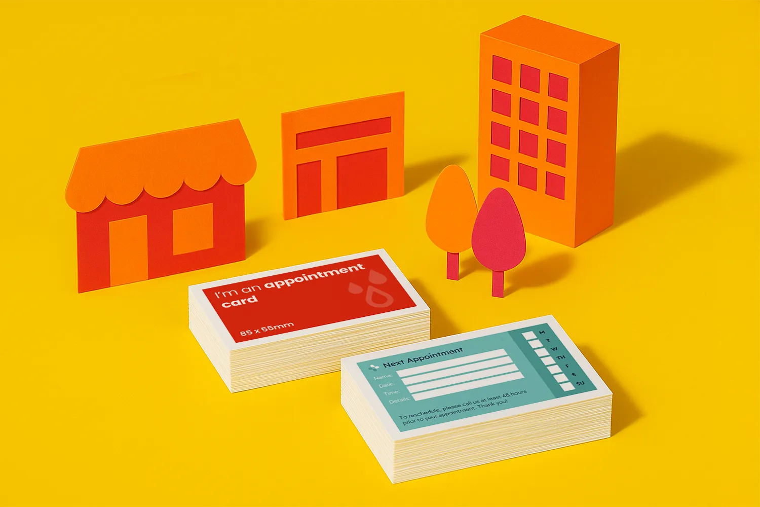 Colourful paper buildings, trees, and appointment cards set against a bright yellow background.