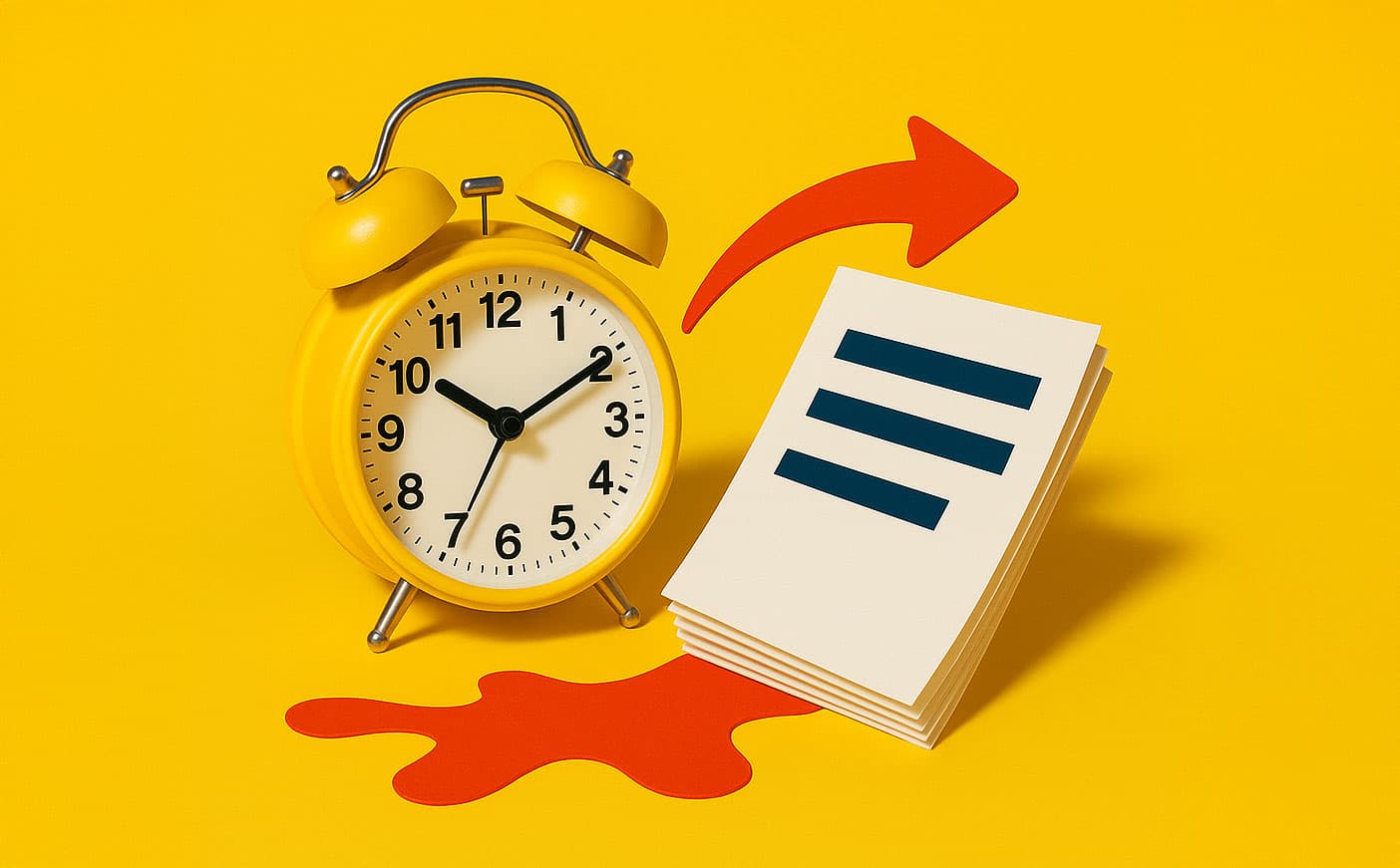 Yellow alarm clock beside stacked papers and a red arrow on a yellow background.