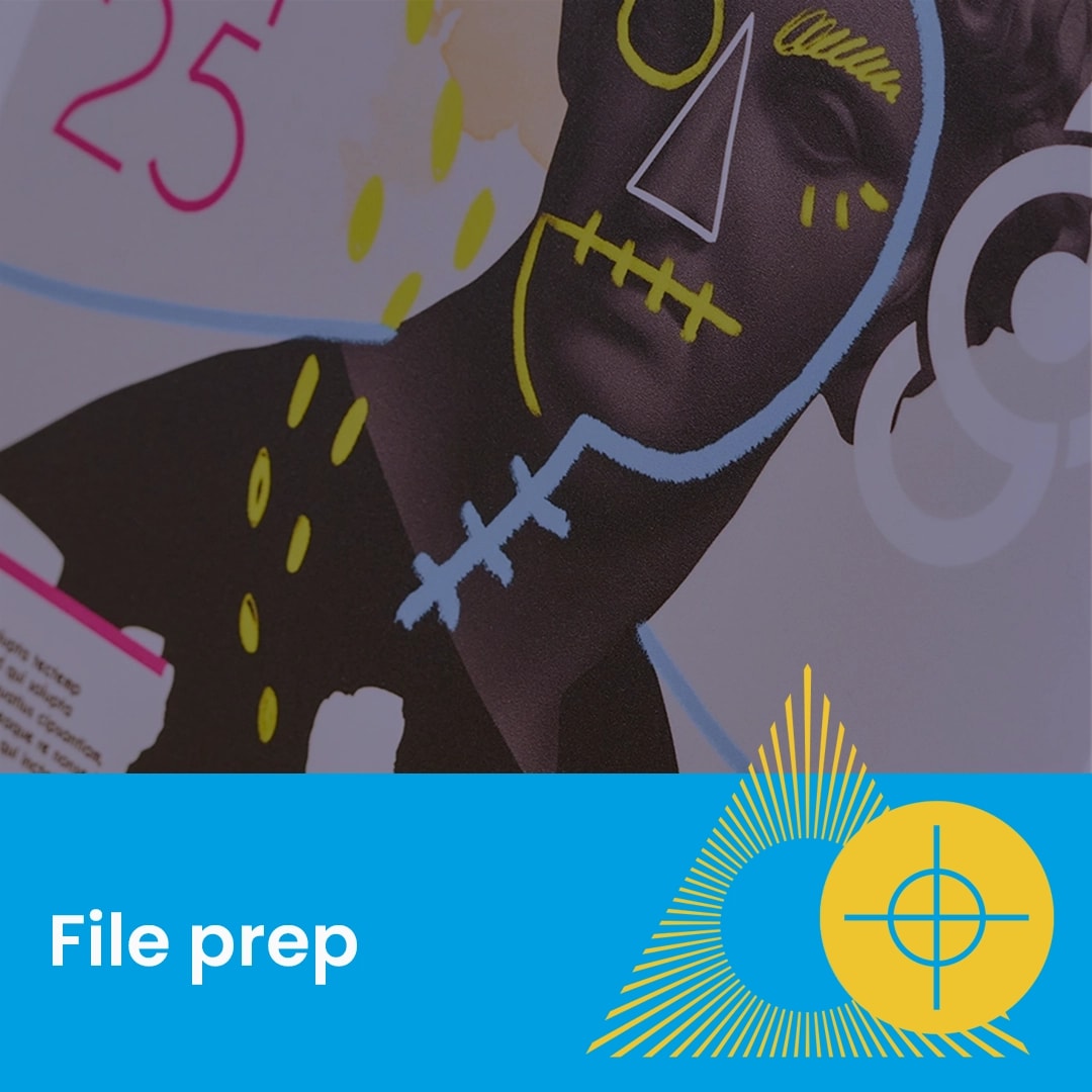 Close-up of a printed page with colorful doodles over a statue, text reads "File prep".