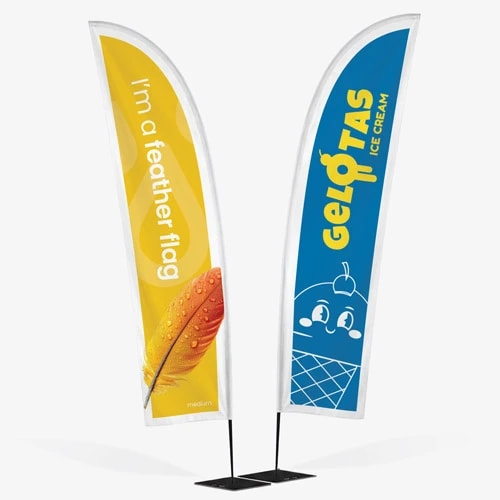 Two vertical feather flags on stands, one yellow with a feather, one blue with ice cream graphics.