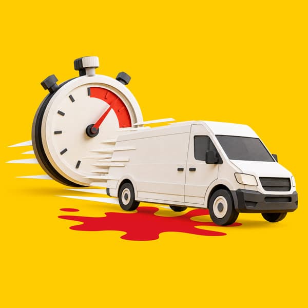 White delivery van in front of a giant stopwatch against a yellow background.