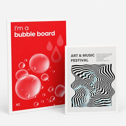Two posters: one red with bubbles, one with black-white optical art, standing side by side.