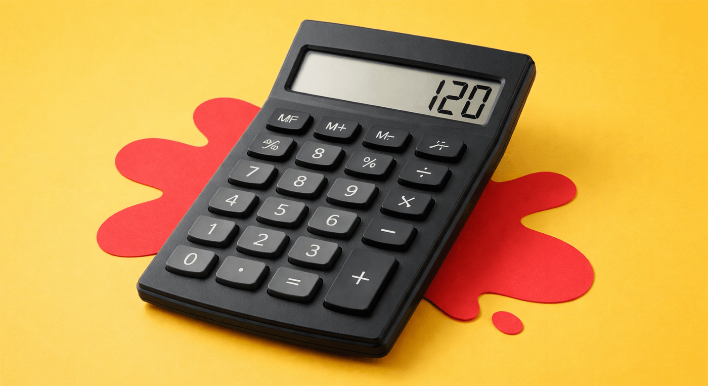 Black calculator displaying 120 on screen, placed on a yellow background with a red shape.