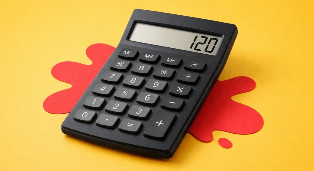 Black calculator displaying 120 on screen, placed on a yellow background with a red shape.