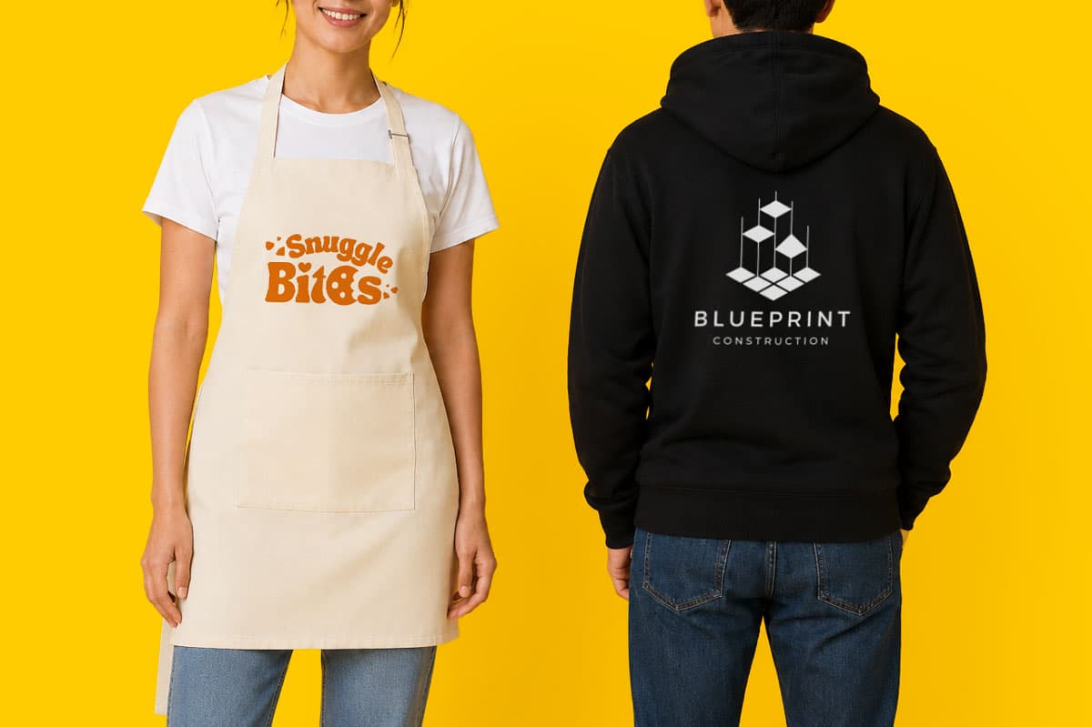 Woman in apron with "Snuggle Bites" and person in hoodie with "Blueprint Construction" logo.