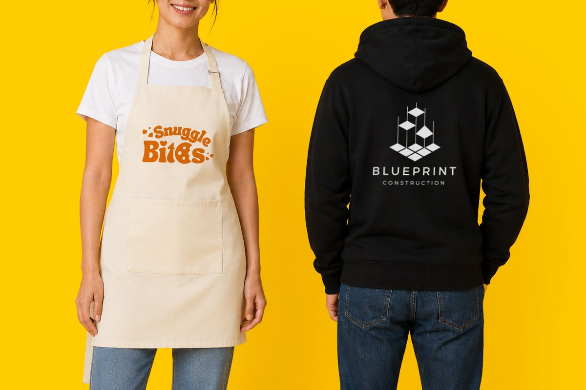 Woman in apron with "Snuggle Bites" and person in hoodie with "Blueprint Construction" logo.