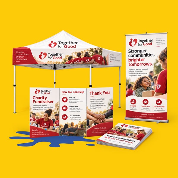 Charity event booth setup with tent, banners, pamphlets, and signs on a yellow background.