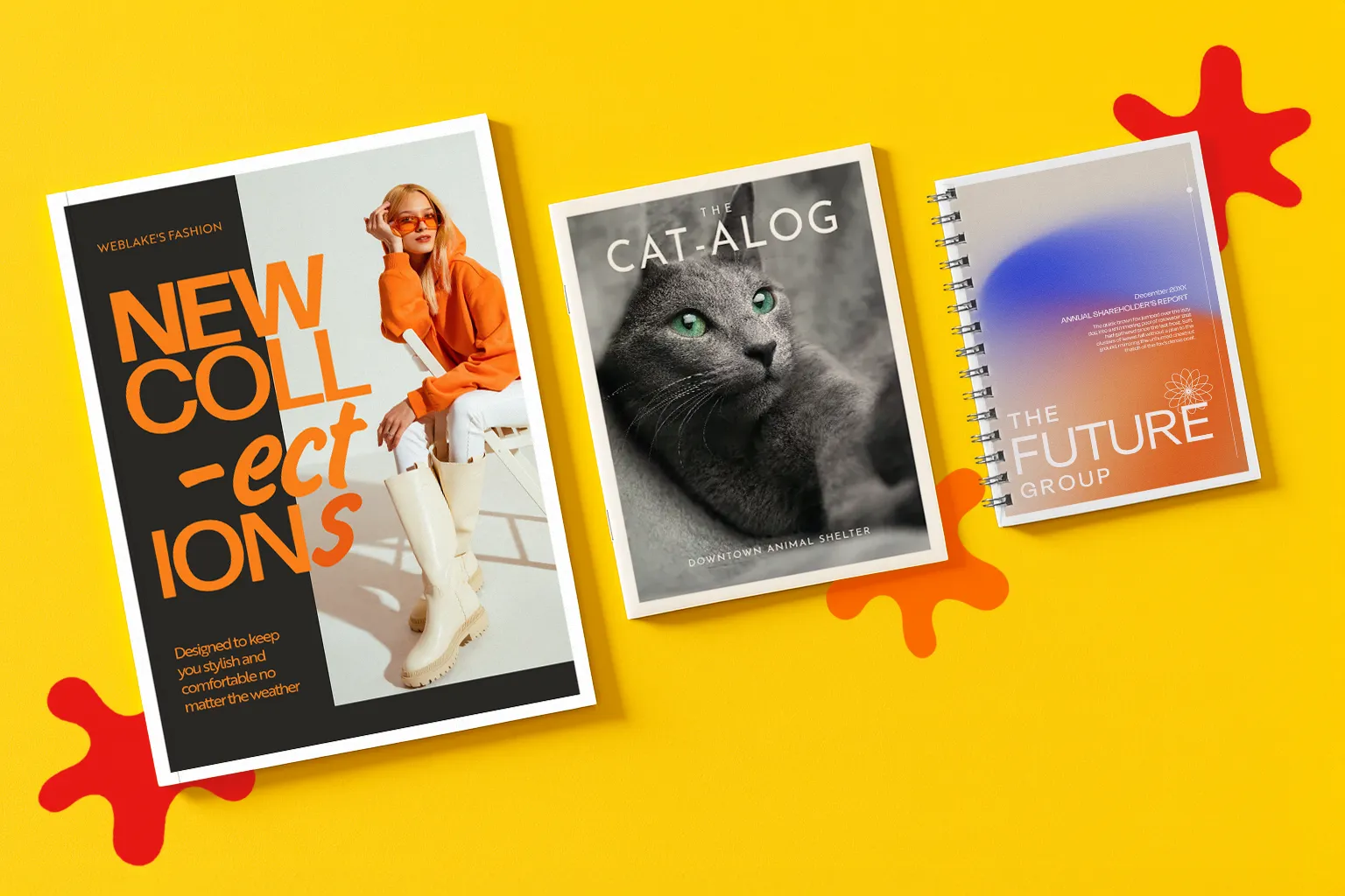 Three books with distinct covers are arranged side by side on a yellow background.