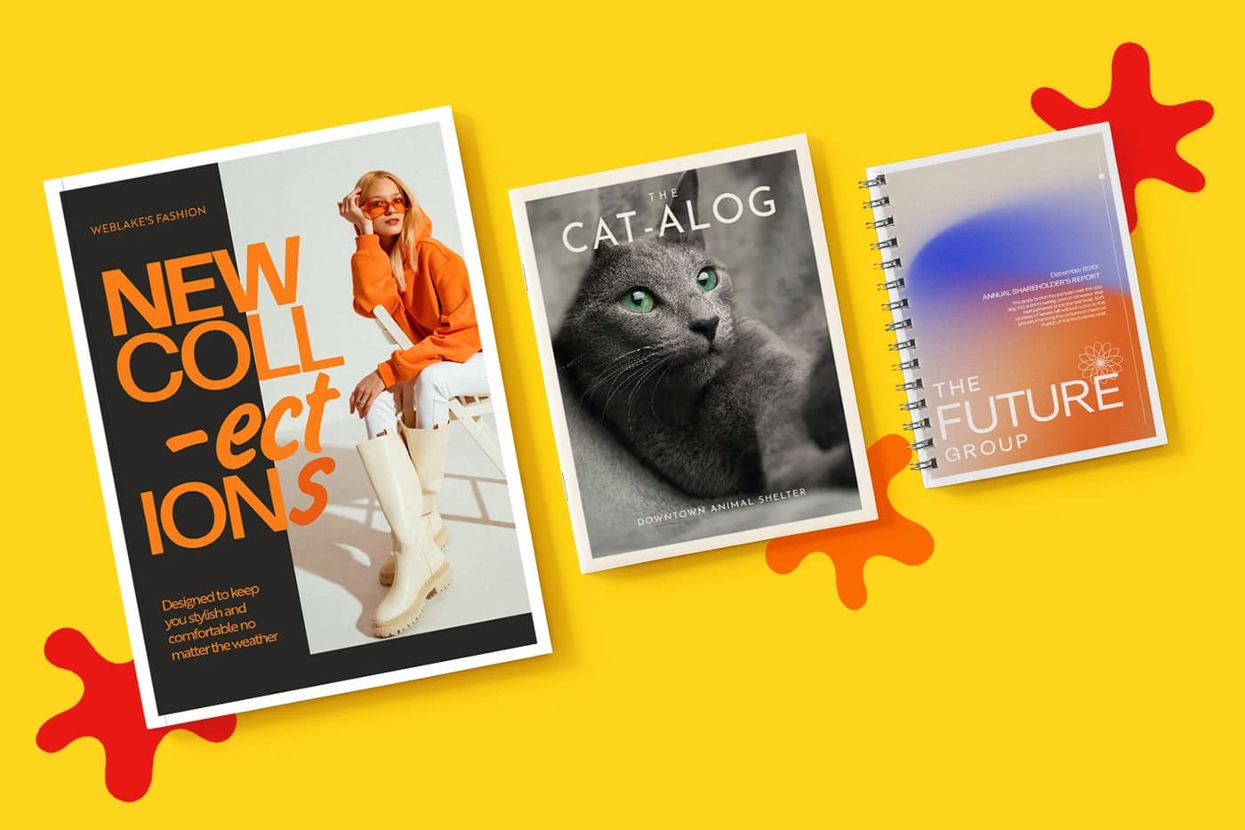 Three books with distinct covers are arranged side by side on a yellow background.