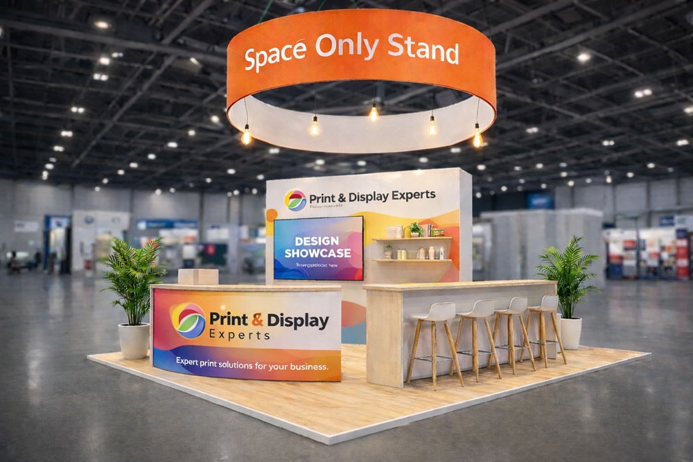 Trade show Space Only Stand for Print & Display Experts with bar and screen.
