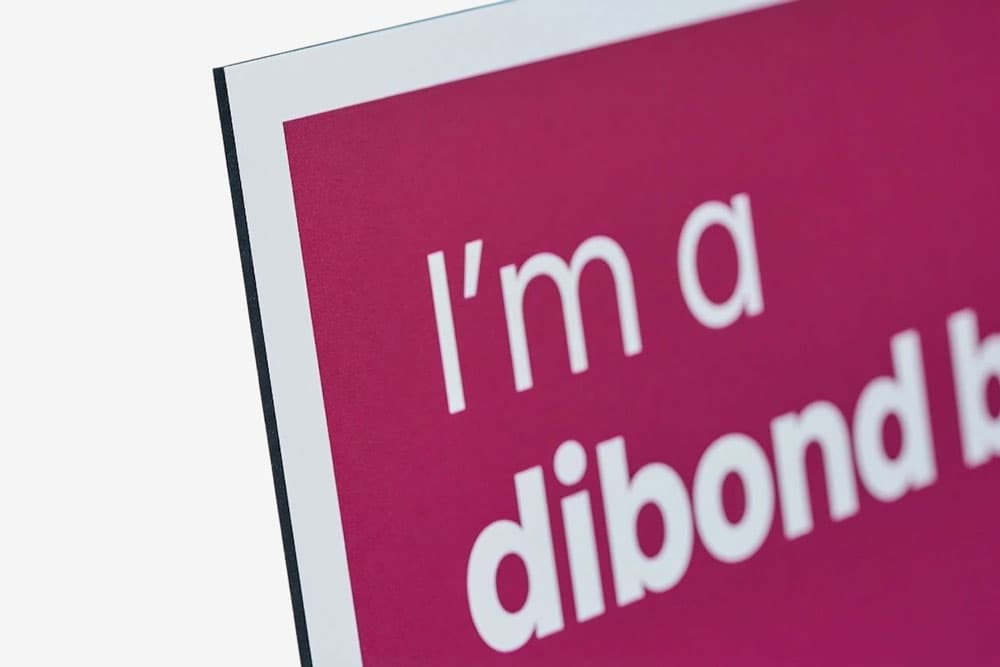 Close-up of a magenta sign with white text partially reading "I'm a dibond b".