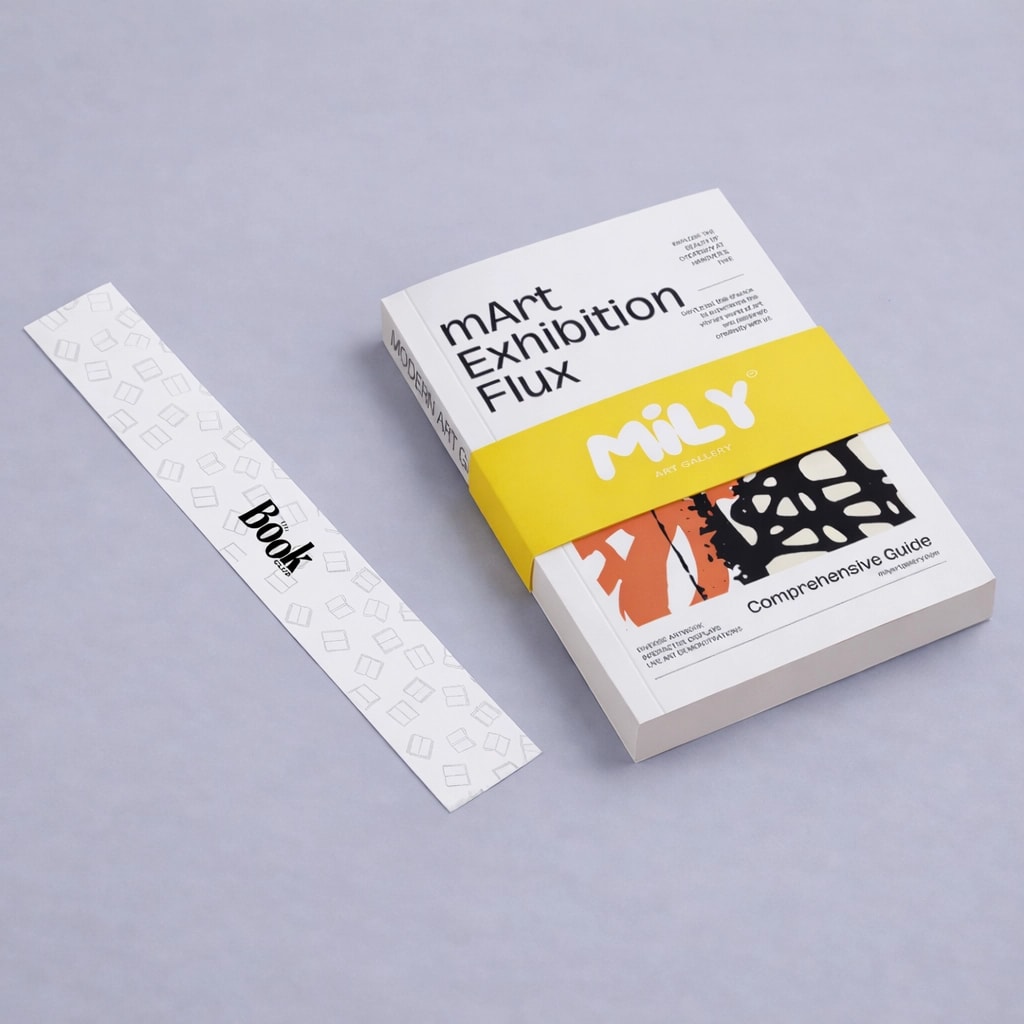 A book titled "mArt Exhibition Flux" with a yellow belly band and a white bellyband beside it.
