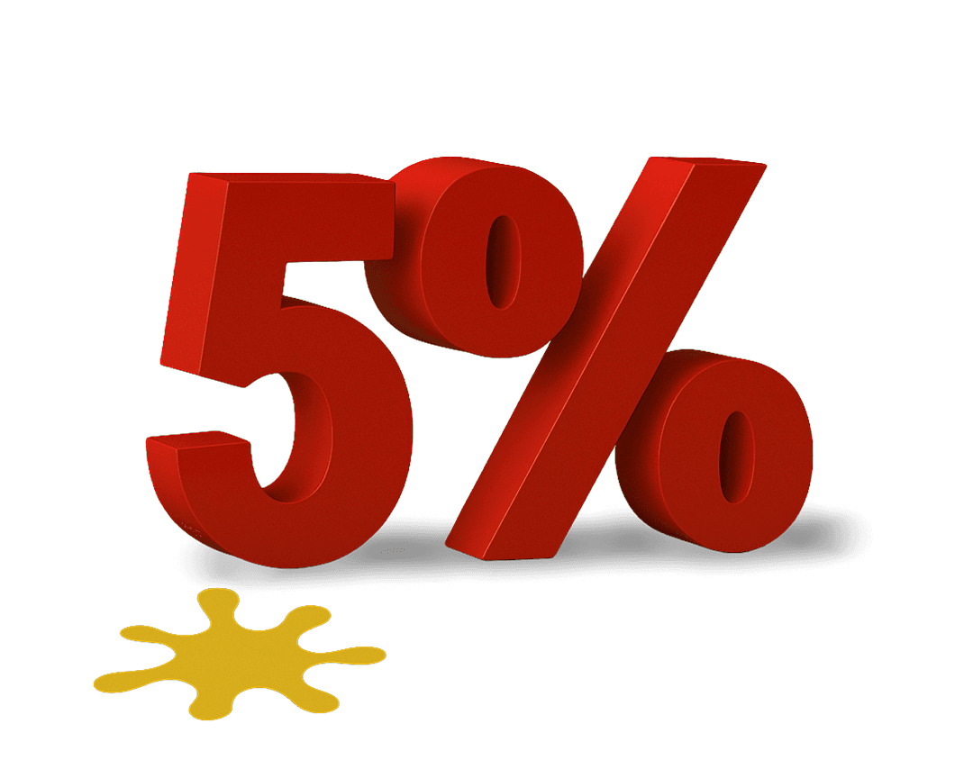 Large red 5% symbol with a yellow paint splash on a plain white background.