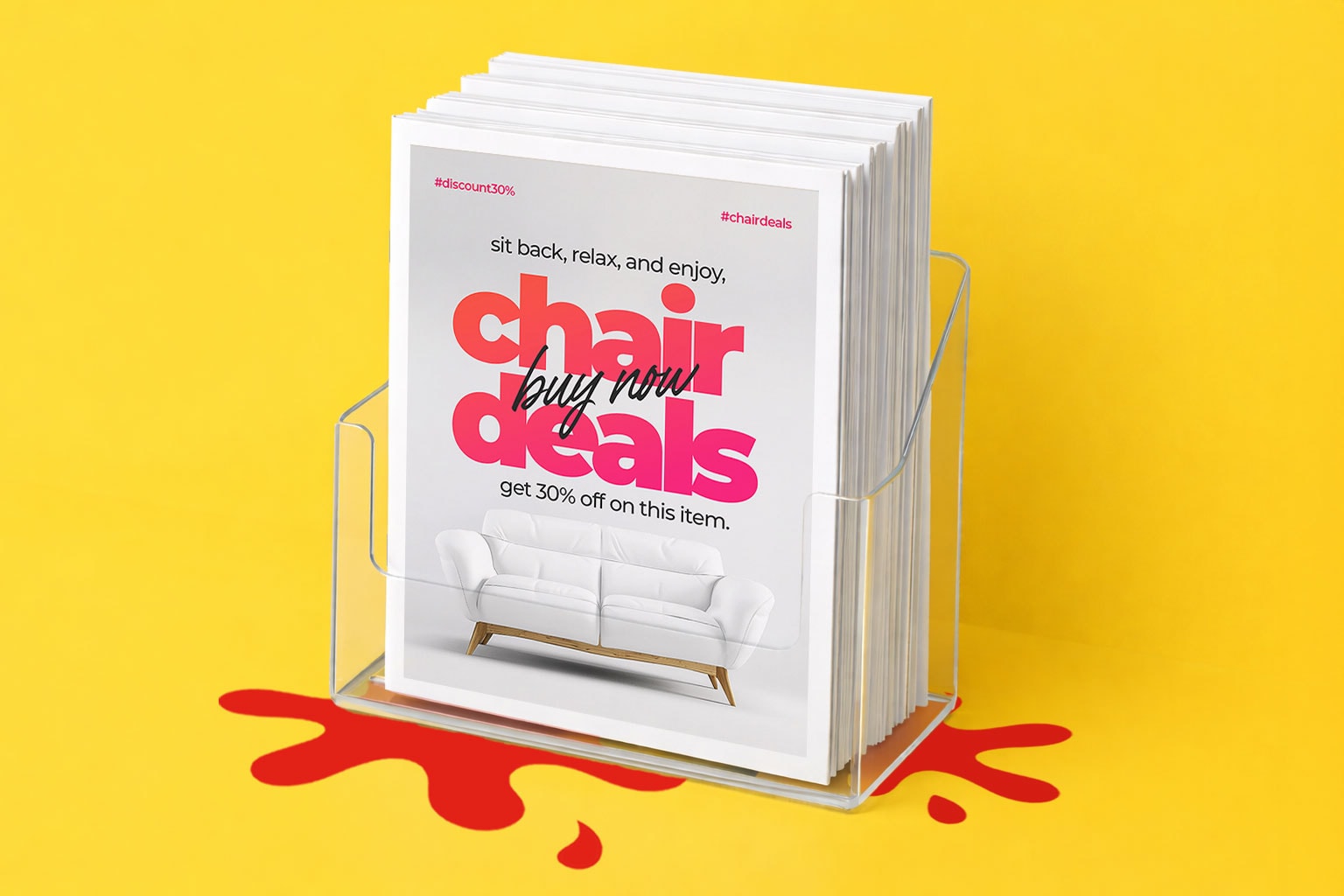 Magazine rack holding "chair deals" booklet against a yellow background with red paint spill.