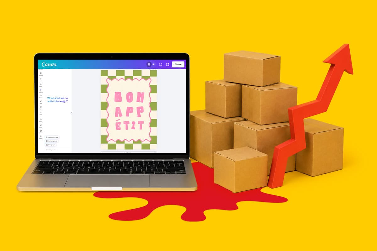 A laptop, stacked boxes, and a red arrow on a yellow background with a red paint splatter.