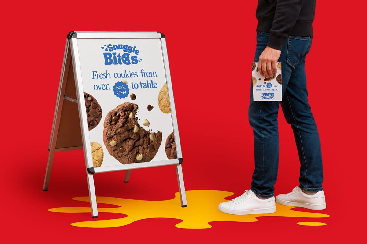 Person holding cookie box stands by sign advertising "Snuggle Bites" fresh cookies, 50% off.