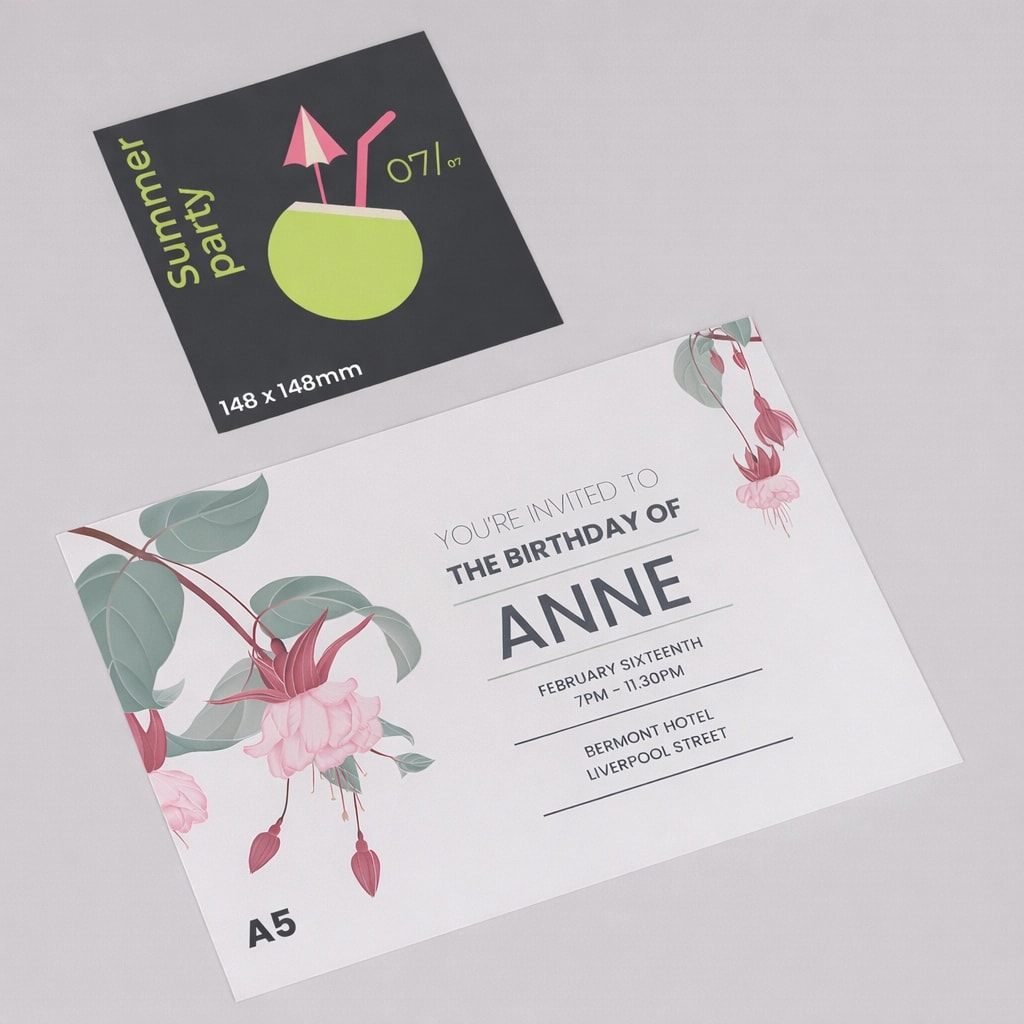 Two printed invitations: a summer party invite and a birthday invitation for Anne on a gray surface.