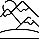 Simple line drawing of mountains with a sun in the background.