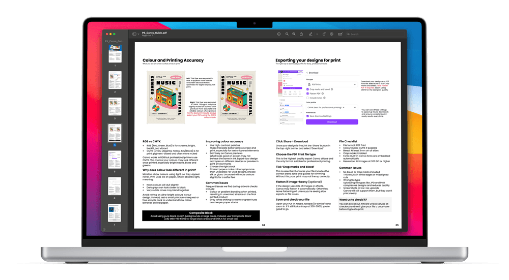 A laptop screen displays a Canva guide and visible page thumbnails on the side.