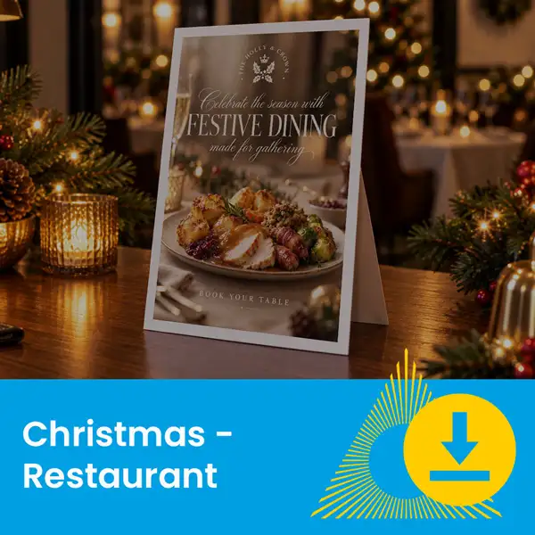 Table with a festive dining menu card, Christmas decorations, and warm lighting in a restaurant.