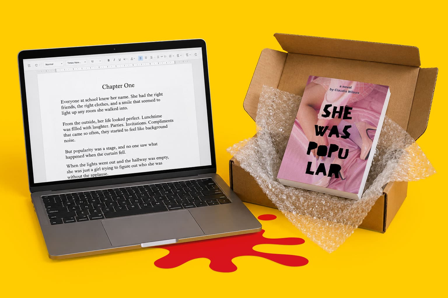 A laptop shows a novel's first chapter next to a bubble-wrapped book in an open cardboard box.