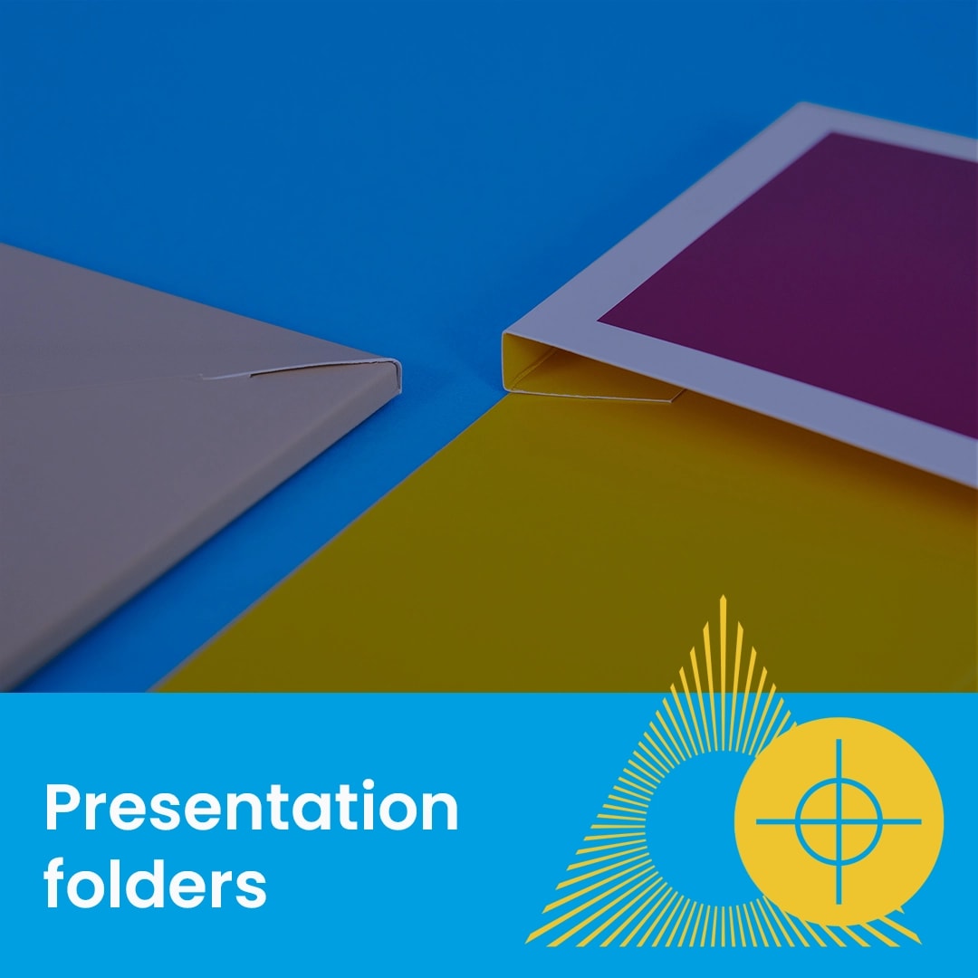 Two colorful presentation folders on a blue background with the text "Presentation folders".