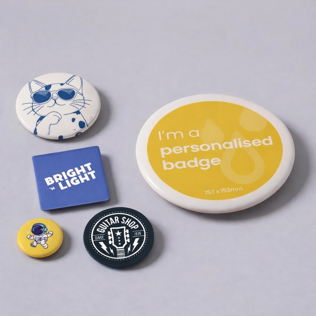 Six assorted badges with different designs and text displayed on a light grey surface.