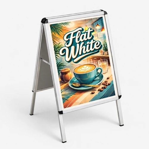A signboard displays a Flat White coffee with tropical decor and coffee beans.