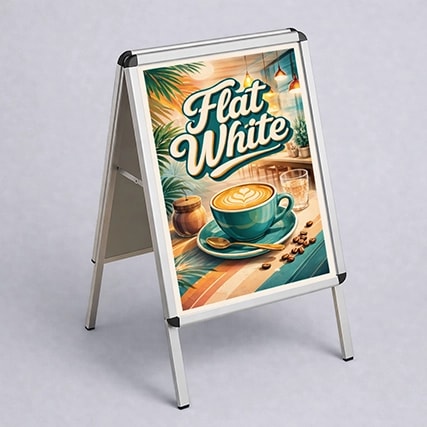 A signboard displays a Flat White coffee with tropical decor and coffee beans.