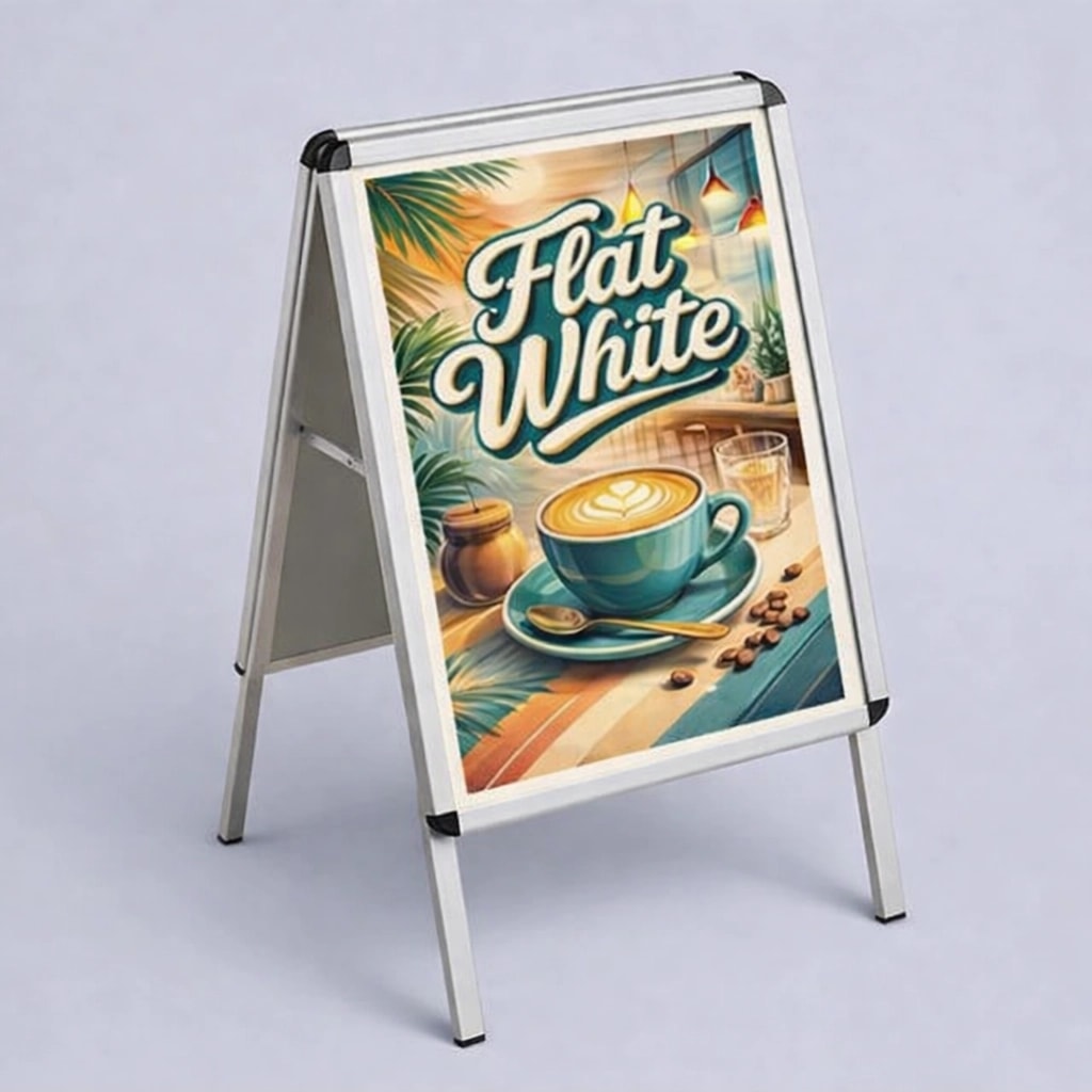 A signboard displays a Flat White coffee with tropical decor and coffee beans.