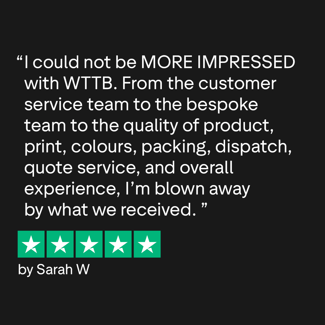 Customer review praising WTTB's product quality and service, with five Trustpilot stars shown.