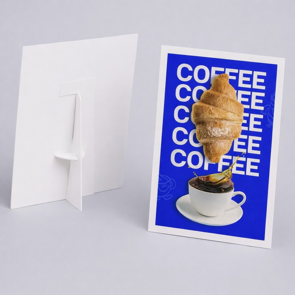 Strut card with a croissant and coffee cup photo, next to a blank white card stand.