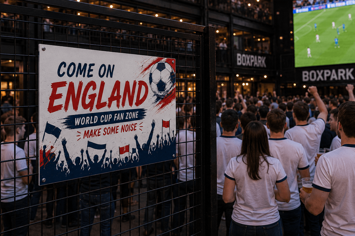 Crowd watches a football match on a big screen at an outdoor venue with an England fan sign in celebration of the World Cup 2026 hosted in the US, Canada and Mexico.