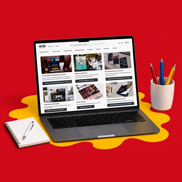 Laptop on a desk with a notebook, pen, and cup of colored pencils against a red background.